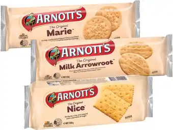 Coles Arnott's Milk Arrowroot, Marie or Nice Biscuits 250g offer