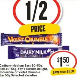 IGA Cadbury Medium Bars, Roll, Fry's Turkish Delight, Toblerone or Violet Crumble Bar offer