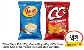 IGA Thins Chips, Onion Rings, CC's Corn Chips or Cornados offer