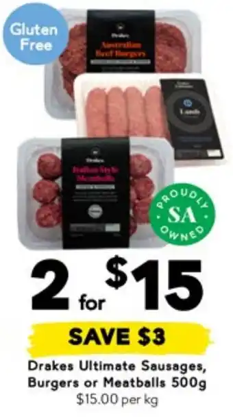 Drakes Drakes ultimate sausages, burgers or meatballs offer