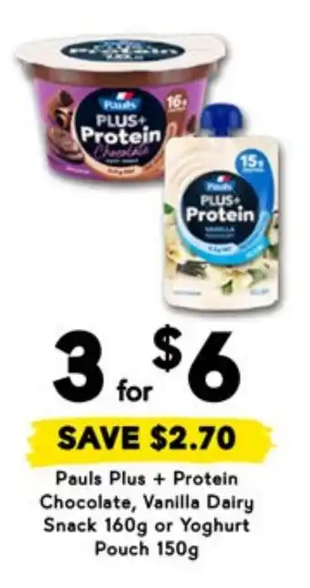 Drakes Pauls Plus + Protein Chocolate, Vanilla Dairy Snack or Yoghurt Pouch offer