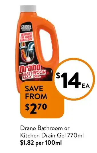 Foodworks Drano Bathroom or Kitchen Drain Gel offer