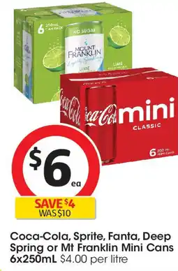 Coles Coca-cola, sprite, fanta, deep spring or mt franklin mini cans offer