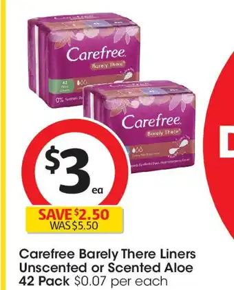 Coles Carefree barely there liners unscented or scented aloe offer