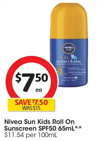 Coles Nivea sun kids roll on sunscreen spf50 offer