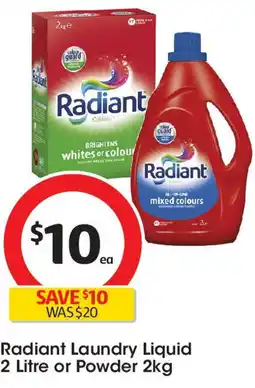 Coles Radiant laundry liquid 2 litre or powder 2kg offer