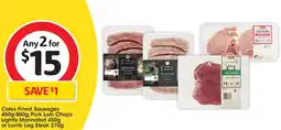 Coles Coles Finest Sausages, Pork Loin Chops Lightly Marinatedor Lamb Leg Steak offer