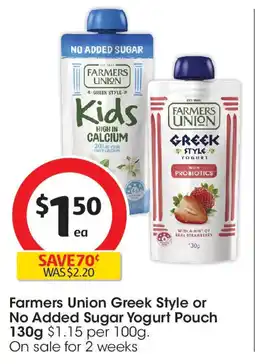 Coles Farmers Union Greek Style or No Added Sugar Yogurt Pouch offer