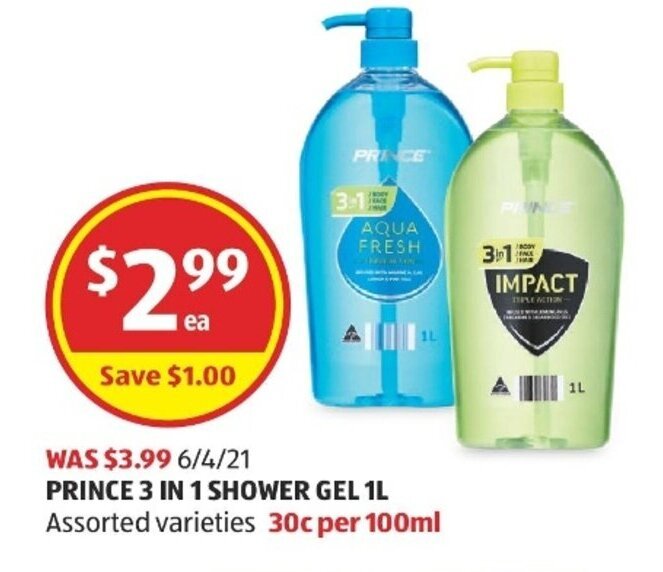 Prince 3 in 1 Shower Gel 1L offer at ALDI