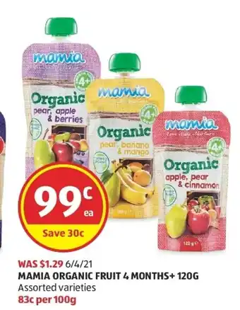 ALDI Mamia Organic Fruit 4 Months+ 120g offer