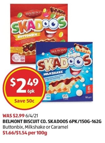 ALDI Belmont Biscuit Co. Skadoos 6PK/150g-162g offer