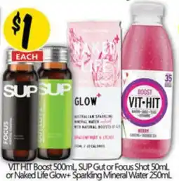 NQR Vit hit boost 500ml, sup gut or focus shot 50ml or naked life glow+ sparkling mineral water 250ml offer