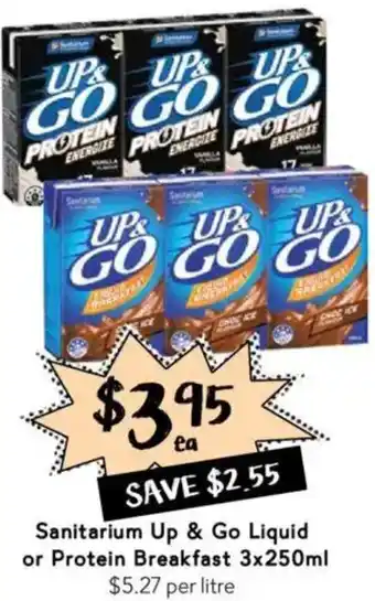 Drakes Sanitarium up & go liquid or protein breakfast offer