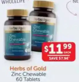 WHOLELIFE catalogue Herbs of Gold Zinc Chewable offer