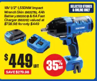 SuperCheap Auto 18V 1/2" 1,550NM Impact Wrench Skin (663279), 4Ah Battery (66330 & 6A Fast Charger (663312) offer