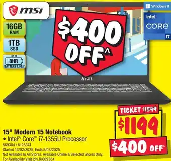 JB Hi-Fi 15 Modern 15 Notebook offer