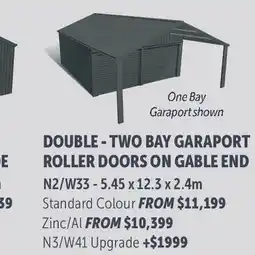 Stratco Gable Roof Double - Two Bay Garaport Roller Doors On Gable End Standard Colour offer