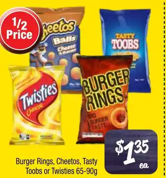 Farmer Jack's Burger rings, cheetos, tasty toobs or twisties offer