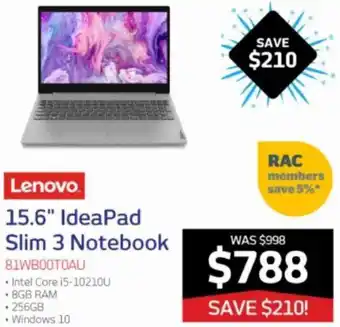 Retravision Lenovo 15.6" IdeaPad Slim 3 Notebook 81WB00T0AU offer