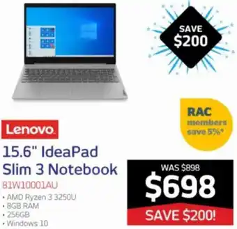 Retravision Lenovo 15.6" IdeaPad Slim 3 Notebook 81W10001AU offer