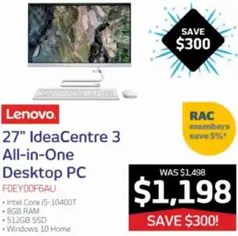 Retravision Lenovo 27" IdeaCentre 3 All-In-One Desktop PC F0EY00F6AU offer