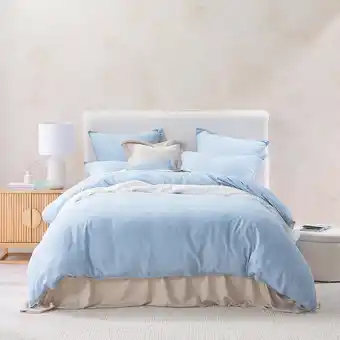 Pillow Talk Washed Linen Look Light Blue Quilt Cover Set by Essentials offer