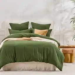 Pillow Talk Washed Linen Look Deep Green Quilt Cover Set by Essentials offer