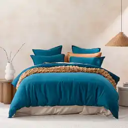 Pillow Talk Washed Linen Look Petrol Blue Quilt Cover Set by Essentials offer