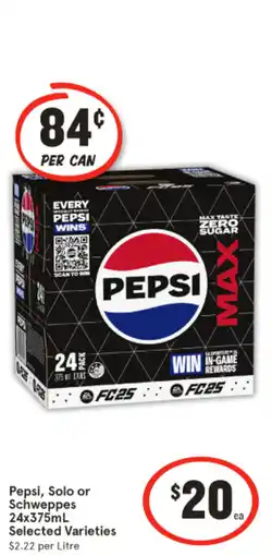 IGA Pepsi, Solo or Schweppes 24x375mL offer