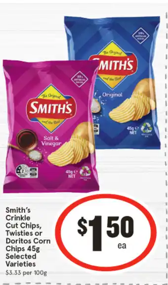 IGA Smith's Crinkle Cut Chips, Twisties or Doritos Corn Chips offer