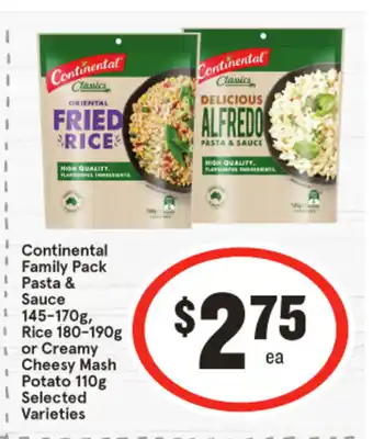 IGA Continental Family Pack 1 Pasta & Sauce 145-170g, Rice 180-190g or Creamy Cheesy Mash Potato 110g offer