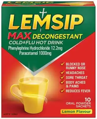 IGA Lemsip Max Cold & Flu Decongestant Hot Drink Lemon Sachets 10 Pack offer