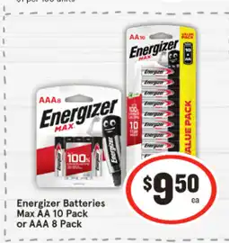 IGA Energizer Batteries Max AA 10 Pack or AAA 8 Pack offer