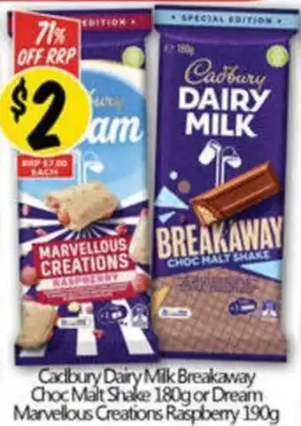 NQR Cadbury dairy milk breakaway choc malt shake 180g or dream marvellous creations raspberry offer