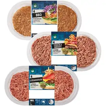 Woolworths Woolworths Australian Chuck & Brisket, Steakhouse or Pork Burger Varieties 454-500g offer