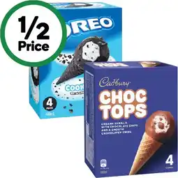 Woolworths Cadbury Choc Top or Oreo Cookie Top Ice Cream Cones 400ml Pk 4 – From the Freezer offer