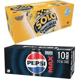 Woolworths Pepsi, Solo, Mountain Dew or Schweppes Lemonade Soft Drink Varieties 10 x 375ml offer