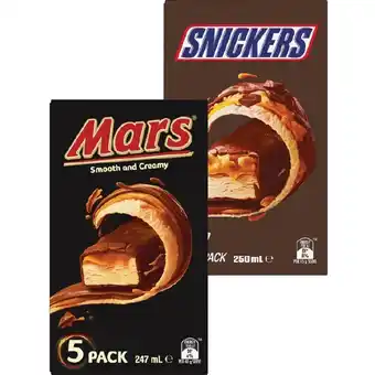 Woolworths Mars or Snickers Frozen Dessert Bars 247-250ml Pk 5 offer