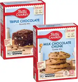 Coles Betty Crocker Baking Mix Choc Fudge Brownies 500g or Milk Choc Chunk Cookie 485g offer