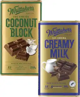 Coles Whittaker's Block Chocolate 200g-250g offer