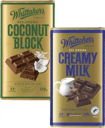 Coles Whittaker's Block Chocolate 200g-250g offer