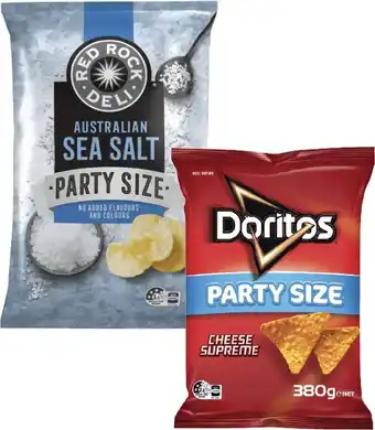 Coles Smith's Crinkle Cut Potato Chips or Doritos Corn Chips 380g or Red Rock Deli Potato Chips 290g offer