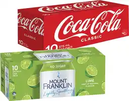 Coles Coca-Cola, Fanta or Sprite Soft Drink or Mt Franklin Lightly Sparkling Water Cans 10x375mL offer