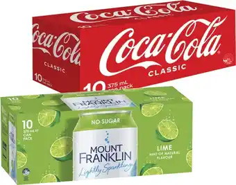 Coles Coca-Cola, Fanta or Sprite Soft Drink or Mt Franklin Lightly Sparkling Water Cans 10x375mL offer