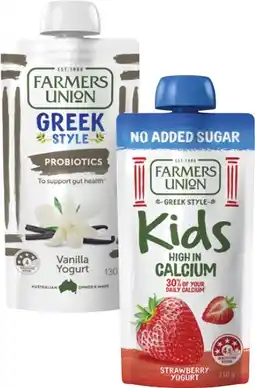 Coles Farmers Union Greek Style or Kids No Added Sugar Yogurt Pouch 130g offer