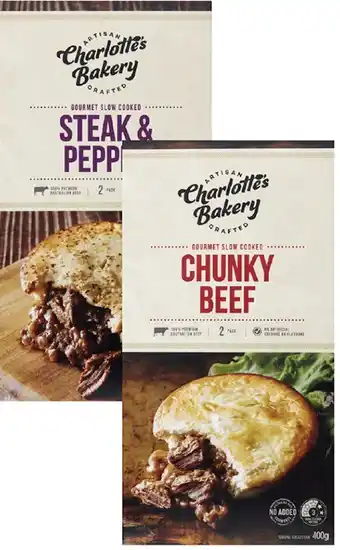 Coles Charlotte's Bakery Slow Cooked Beef Pies 2 Pack 400g offer