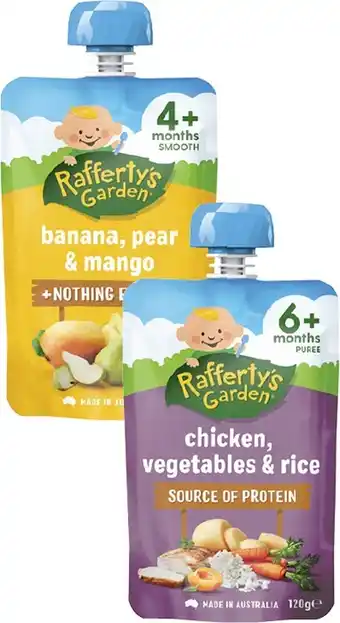 Coles Rafferty's Garden 4+ Months, 6+ Months or 8+ Months Baby Food Pouch 120g offer