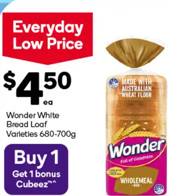 Woolworths Wonder white bread loaf varieties offer