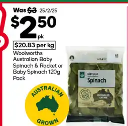 Woolworths Woolworths australian baby spinach & rocket or baby spinach 120g pack offer