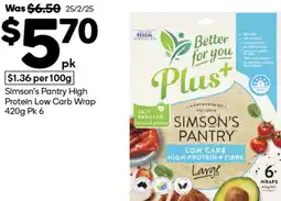 Woolworths Simson's Pantry High Protein Low Carb Wrap offer